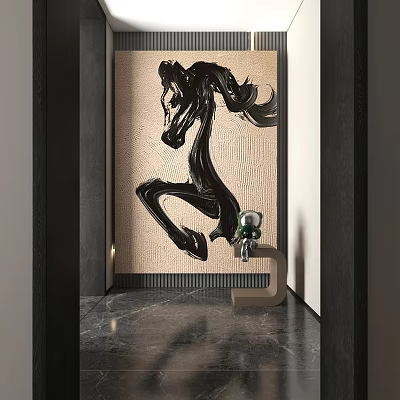 Dynamic Abstract Painting With Flowing Black Brush Strokes In Modern Room With Marble Floor 3d model