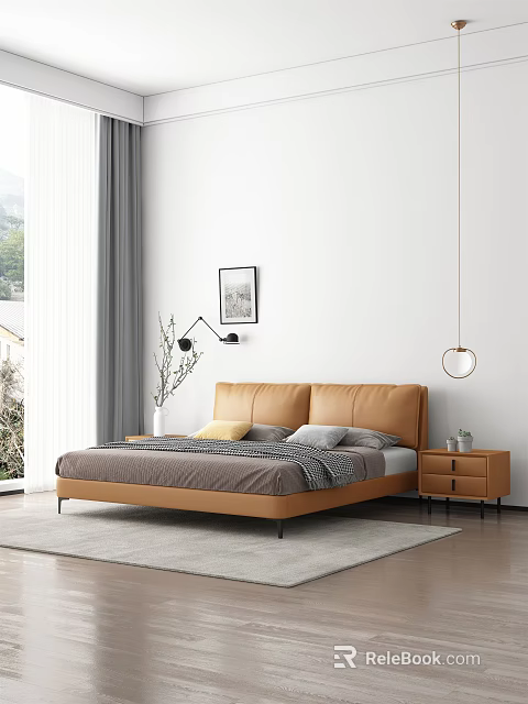 Modern Leather Double Bed With Bedside Table Wall Art And Hanging Lamp 3d model
