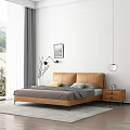 Modern Leather Double Bed With Bedside Table Wall Art And Hanging Lamp 3d model