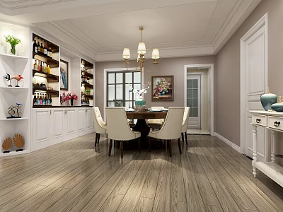Elegant Dining Room Interior With Wooden Flooring Dining Table White Chairs Chandelier And Wine Rack 3d model