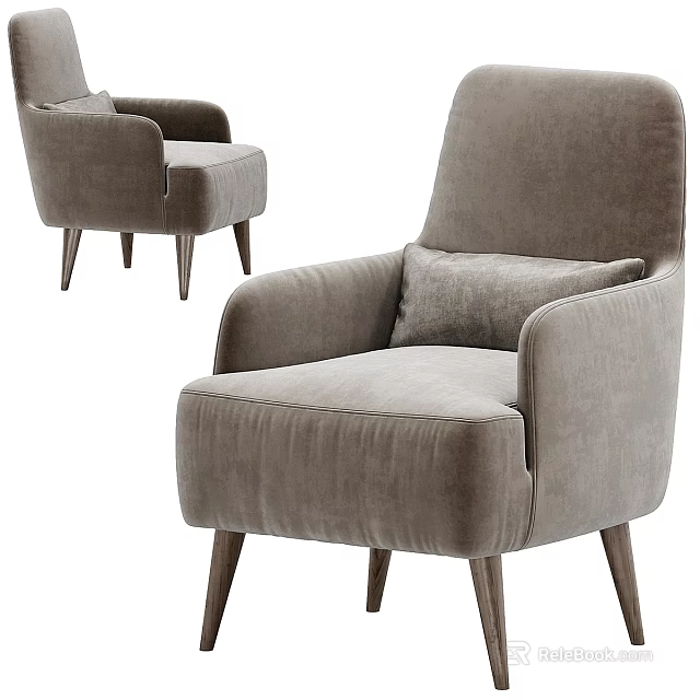 Stylish Gray Single Sofa with Velvet Upholstery Comfortable Armrests and Wooden Legs Design 3d model 