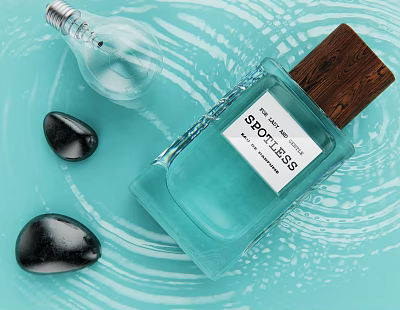 Light Blue Perfume Bottle With Wooden Cap And Black Pebbles On Turquoise Water Ripple Background 3d model