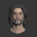 Man with Long Hair and Beard 3D Head Model on Gray Background