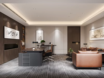 Modern Office Interior Design With Wooden Desk Leather Chair Sofa Decorative Paintings And Gray Carpet 3d model