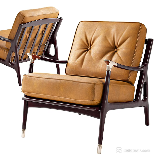 Modern Tan Leather Single Sofa With Tufted Back Metal Armrests And Dark Wooden Legs 3d model 