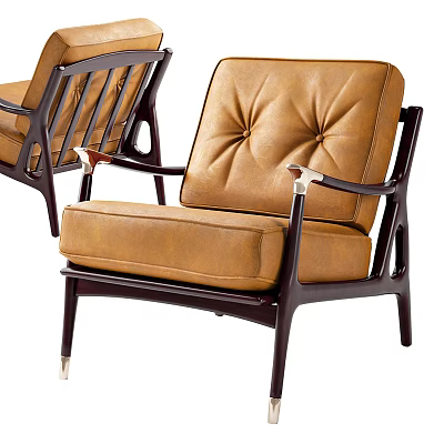 Modern Tan Leather Single Sofa With Tufted Back Metal Armrests And Dark Wooden Legs 3d model