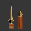 Decorative Ornament Set with Golden Origami Birds on Square and Cylindrical Wooden Bases