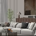 White Sectional Sofa With Plush Pillows Round Coffee Table Green Plant And Large Wall Art