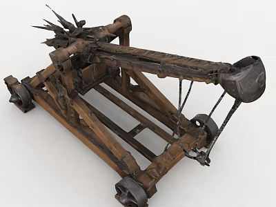 Medieval Wooden Catapult Siege Weapon With Spiked Projectile And Wheeled Base 3d model