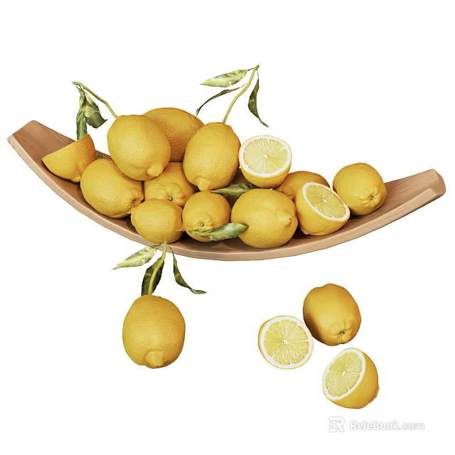 Juicy Ripe Lemons in Wooden Serving Bowl with Green Leaves and Sliced Halves 3d model 