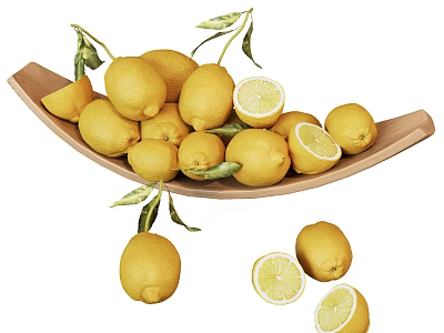 Juicy Ripe Lemons in Wooden Serving Bowl with Green Leaves and Sliced Halves 3d model