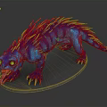 Blue Striped Fantasy Creature With Colorful Spines Yellow Eyes Sharp Claws Tongue Out On Base