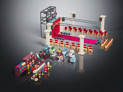 Cartoon Scene Built with Toy Bricks Featuring Stage Audience Seats Speakers and Colorful Small Characters 3d model