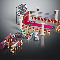 Cartoon Scene Built with Toy Bricks Featuring Stage Audience Seats Speakers and Colorful Small Characters