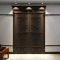 Dark Carved Double Doors With Circular Ornament And Floral Patterns In Chinese Style