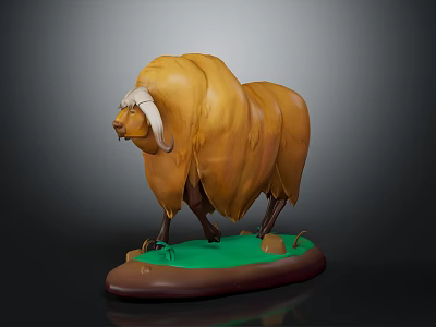 3D Musk Ox Character Model With Thick Brown Fur White Forehead Standing On Green Base 3d model