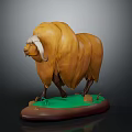 3D Musk Ox Character Model With Thick Brown Fur White Forehead Standing On Green Base
