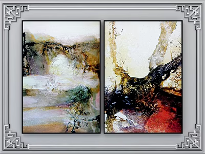 Two Framed Abstract Artworks With Decorative Borders And Colorful Hues 3d model
