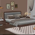 Modern Double Bed With Upholstered Headboard Pillows Wooden Nightstands And Table Lamps