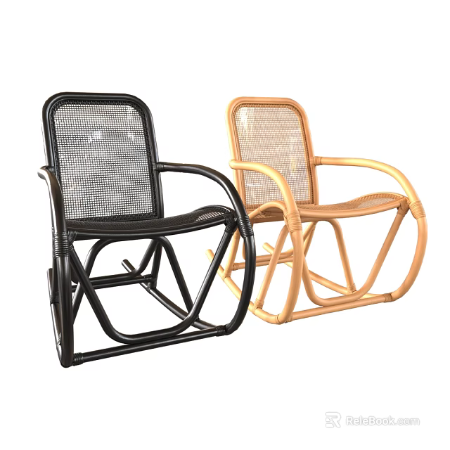 Black and Beige Rattan Armchairs with Woven Backrest and Curved Frame 3d model 