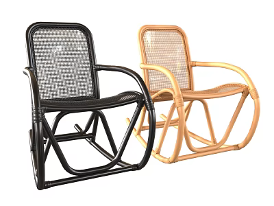 Black and Beige Rattan Armchairs with Woven Backrest and Curved Frame 3d model