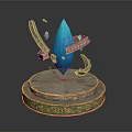 Floating Blue Crystal With Ornate Golden Arched Decorations On Decorative Base