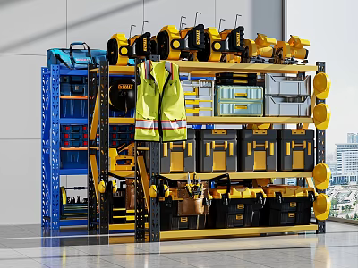 Organized Workshop Tool Storage With Yellow Toolboxes Blue Shelving And Safety Vest 3d model