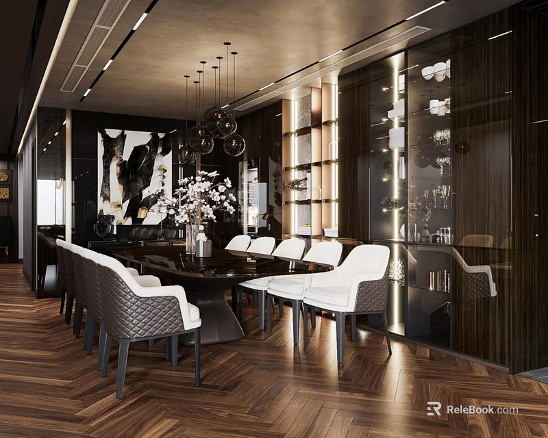 Modern Luxury Dining Table Set With Chandeliers Artwork White Chairs And Wooden Flooring 3d model 