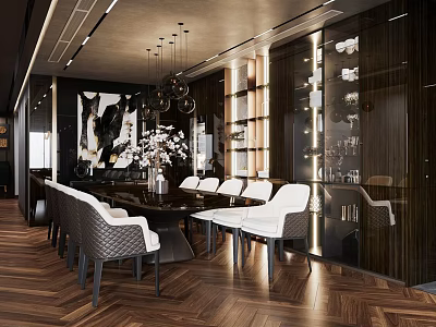 Modern Luxury Dining Table Set With Chandeliers Artwork White Chairs And Wooden Flooring 3d model