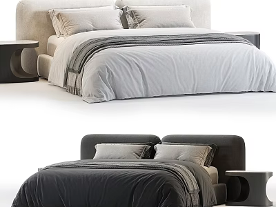 Modern Double Bed With Upholstered Headboard Soft Bed Sheets Pillows And Wooden Nightstand 3d model