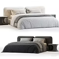 Modern Double Bed With Upholstered Headboard Soft Bed Sheets Pillows And Wooden Nightstand