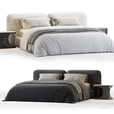 Modern Double Bed With Upholstered Headboard Soft Bed Sheets Pillows And Wooden Nightstand 3d model