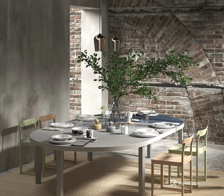 Modern Oval Dining Table Set With Green Plant Chairs And Brick Wall Background 3d model 
