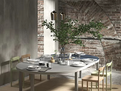 Modern Oval Dining Table Set With Green Plant Chairs And Brick Wall Background 3d model