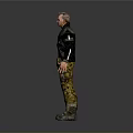 Man In 3D Model Wearing Black Gray Jacket Brown Shirt Yellow Camouflage Pants And Boots