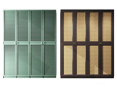 Modern Double Wardrobe Doors With Green Shutter And Dark Brown Rattan Panels 3d model