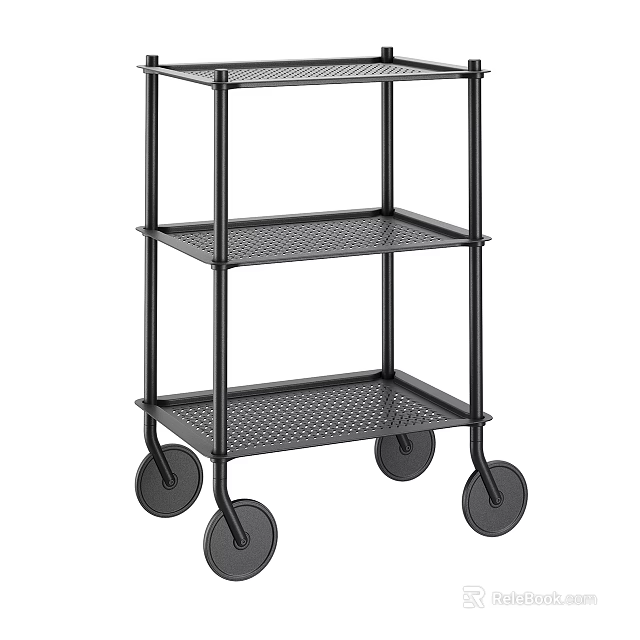 Black Metal Three Tier Trolley With Mesh Shelves And Rolling Wheels 3d model 