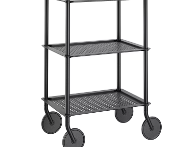 Black Metal Three Tier Trolley With Mesh Shelves And Rolling Wheels 3d model