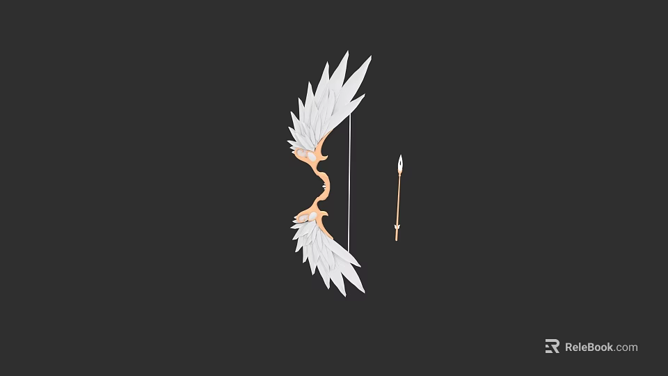 Elegant Bow and Arrow Weapon Decorated with White Feathers and Golden Accents 3d model 