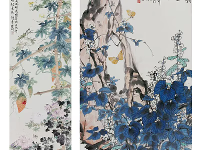 Traditional Chinese Botanical Paintings With Vines Leaves Flowers And Butterflies 3d model