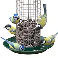 Decorative Ornament Set With Green Roof Bird Feeder Metal Mesh And Small Birds Pecking Seeds