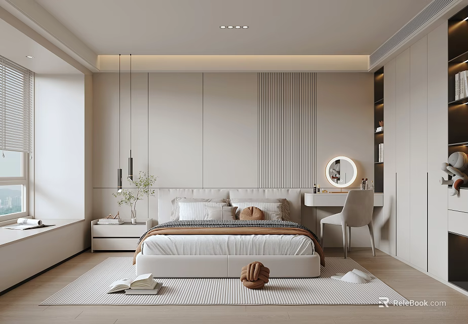 Modern Bedroom Interior Design With Platform Bed Round Mirror And Dressing Table 3d model