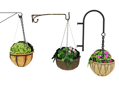 Hanging Basket Plants With Metal Hooks And Woven Baskets Featuring Green Foliage And Pink Flowers 3d model