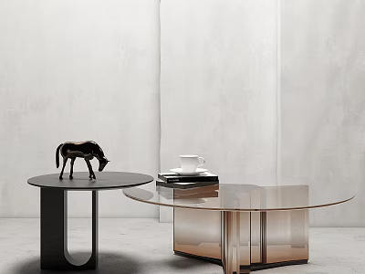 Modern Coffee Tables with Glass Top Black Metal Base Small Horse Decor Books and Cup 3d model