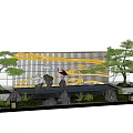 Contemporary Landscape Wall With Golden Stripes Pine Trees Rockery Stones And Water Feature