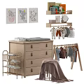 Wooden Chest of Drawers in Baby Nursery with Hanging Clothes and Decorative Paintings