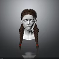 Human Head Model With Detailed Facial Features And Brown Braided Pigtails With Red Accessories