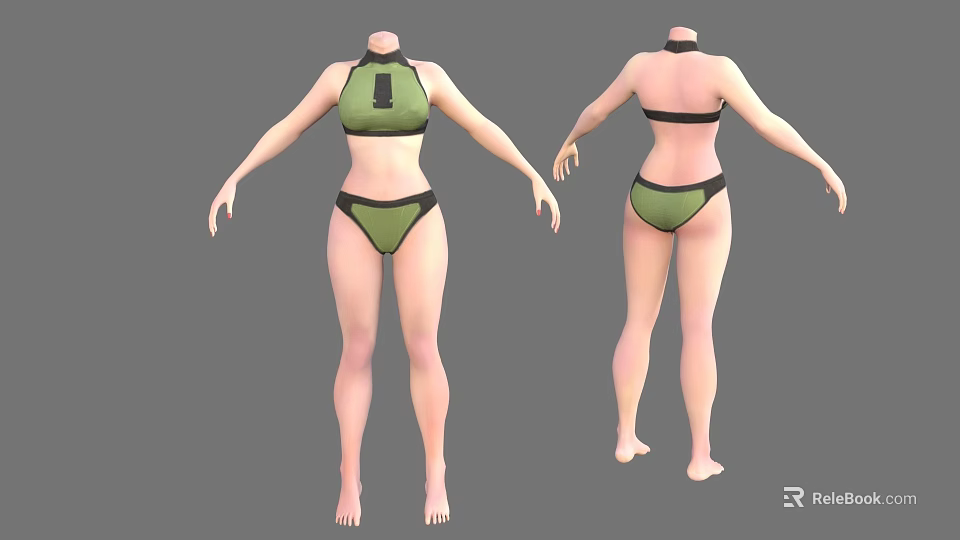 3D Female Model Green Bikini Front And Back Views With Gray Background 3d model
