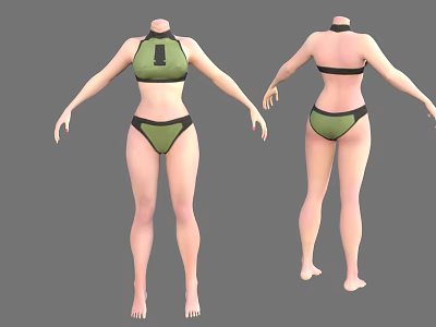 3D Female Model Green Bikini Front And Back Views With Gray Background 3d model