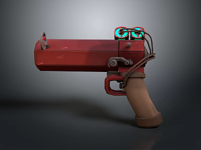 Red Sci Fi Gun With Green Glowing Sights And Brown Grip Mechanical Design 3d model